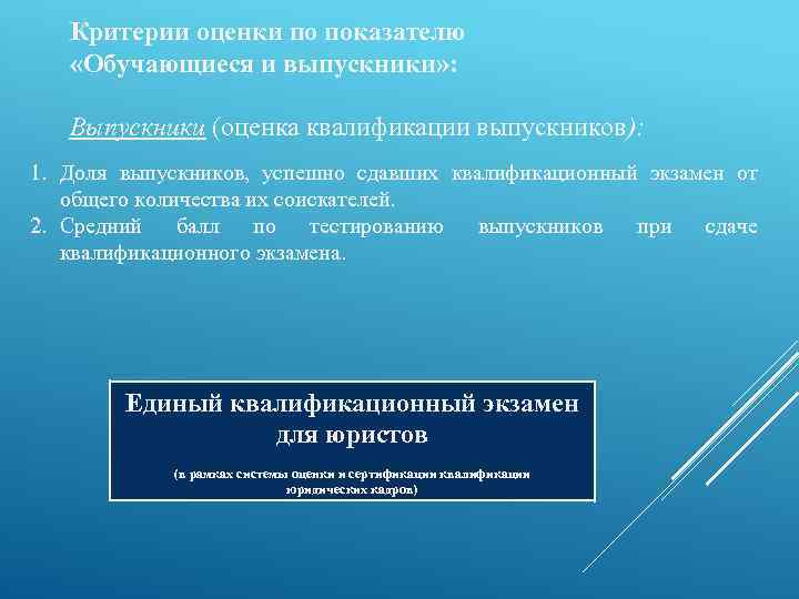 Критерии оценки по показателю «Обучающиеся и выпускники» : Выпускники (оценка квалификации выпускников): 1. Доля