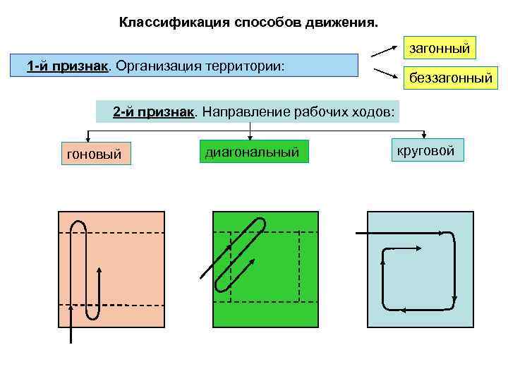 Классификация способов движения. загонный 1 -й признак. Организация территории: беззагонный 2 -й признак. Направление