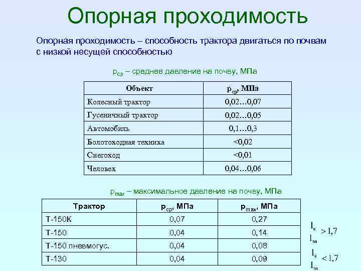 Опорная проходимость – способность трактора двигаться по почвам с низкой несущей способностью pср –