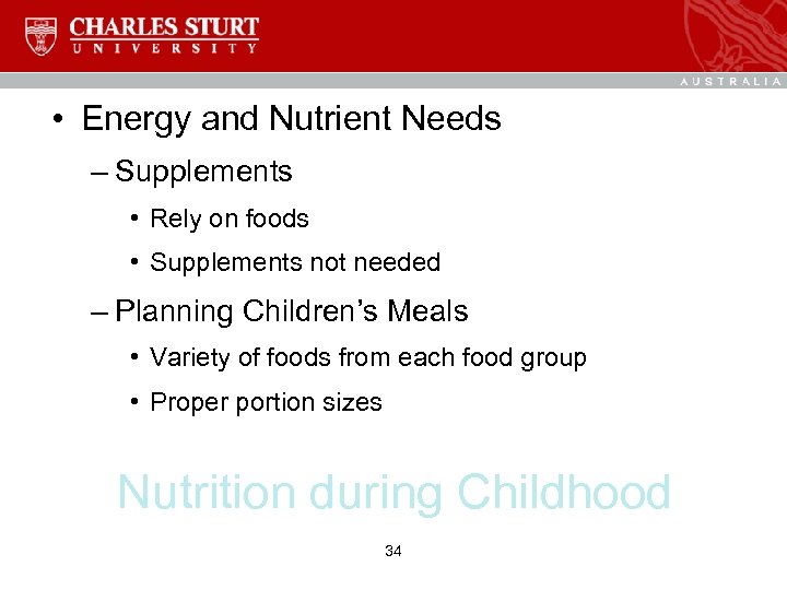  • Energy and Nutrient Needs – Supplements • Rely on foods • Supplements