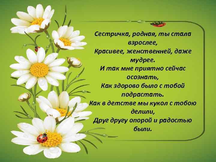 Сестричка, родная, ты стала взрослее, Красивее, женственней, даже мудрее. И так мне приятно сейчас