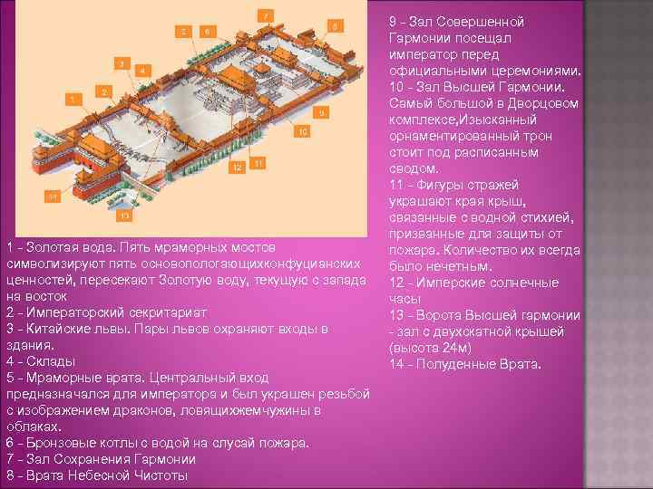 1 - Золотая вода. Пять мраморных мостов символизируют пять основопологающихконфуцианских ценностей, пересекают Золотую воду,