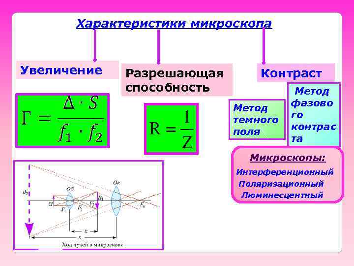 Характеристики микроскопа Увеличение Разрешающая способность Контраст Метод темного поля Метод фазово го контрас та