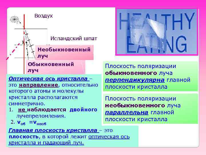 Воздух Исландский шпат Необыкновенный луч Оптическая ось кристалла – это направление, относительно которого атомы