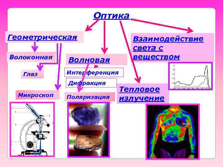 Оптика Геометрическая Волоконная Глаз Волновая Интерференция Дифракция Микроскоп Взаимодействие света с веществом Поляризация Тепловое