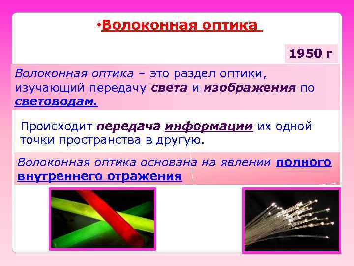  • Волоконная оптика 1950 г Волоконная оптика – это раздел оптики, изучающий передачу