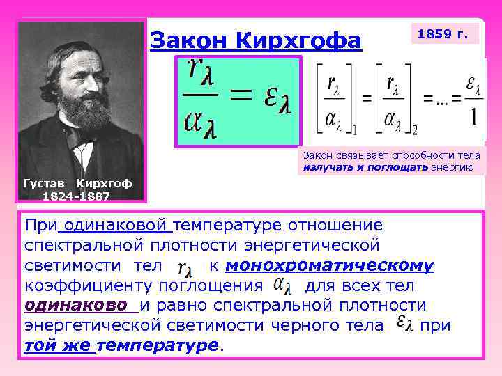 Закон Кирхгофа 1859 г. Закон связывает способности тела излучать и поглощать энергию Густав Кирхгоф