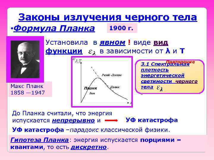 Законы излучения черного тела • Формула Планка 1900 г. Установила в явном ! виде