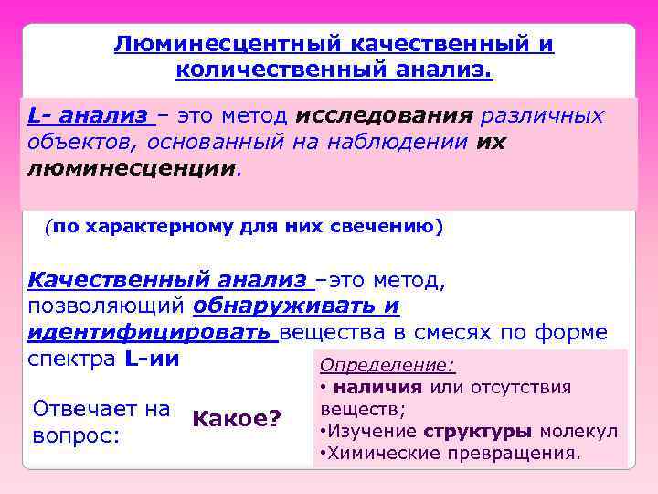 Люминесцентный качественный и количественный анализ. L- анализ – это метод исследования различных объектов, основанный