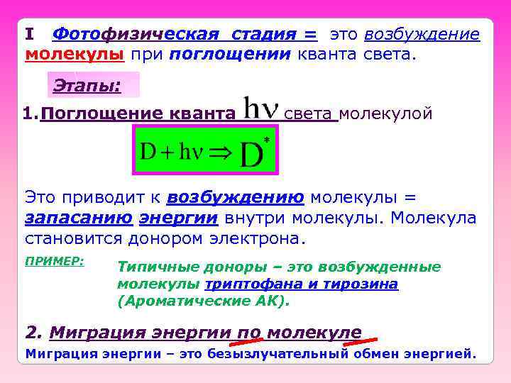 I Фотофизическая стадия = это возбуждение молекулы при поглощении кванта света. Этапы: 1. Поглощение