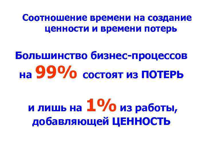 Соотношение времени на создание ценности и времени потерь Большинство бизнес-процессов на 99% состоят из