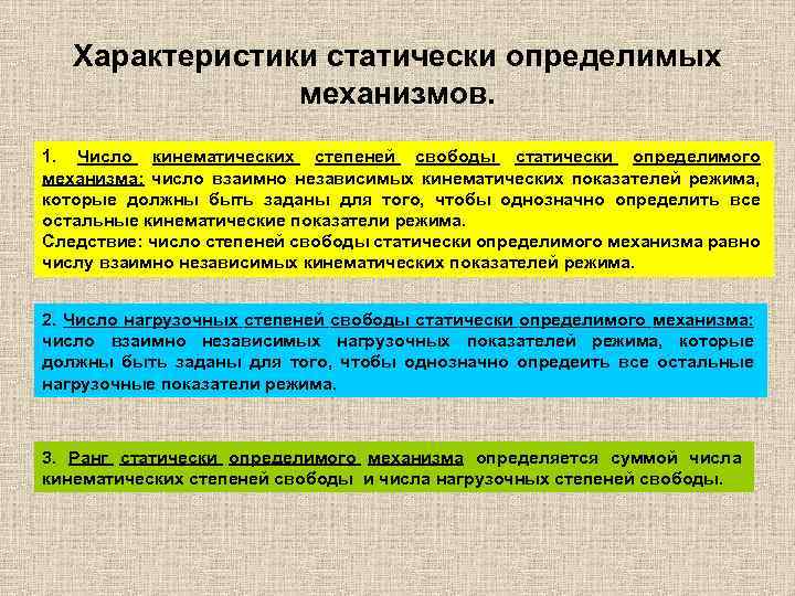 Характеристики статически определимых механизмов. 1. Число кинематических степеней свободы статически определимого механизма: число взаимно