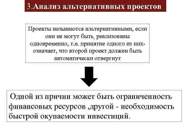 3. Анализ альтернативных проектов Проекты называются альтернативными, если они не могут быть: реализованы одновременно,