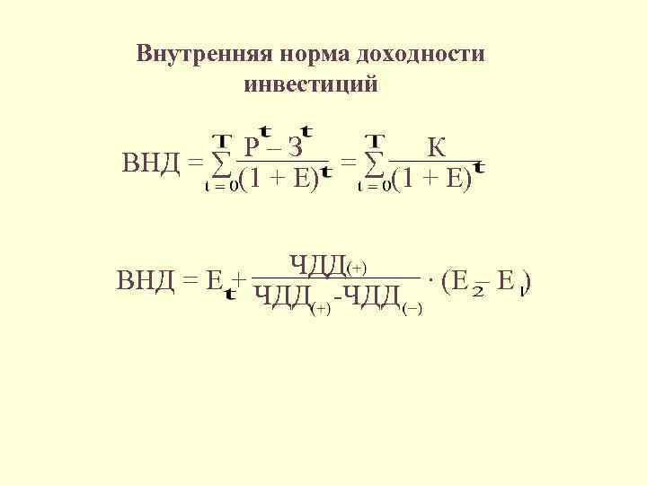 Внутренняя норма доходности инвестиций Р–З К ВНД = ∑ =∑ (1 + Е) ЧДД