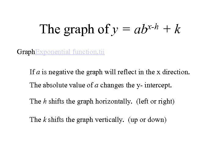 The graph of y = x-h ab +k Graph. Exponential function. tii If a
