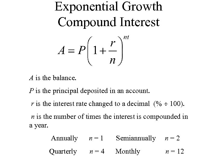 Exponential Growth Compound Interest A is the balance. P is the principal deposited in