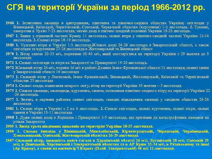 СГЯ на території України за період 1966 -2012 рр. 1966 1. Інтенсивна ожеледь в