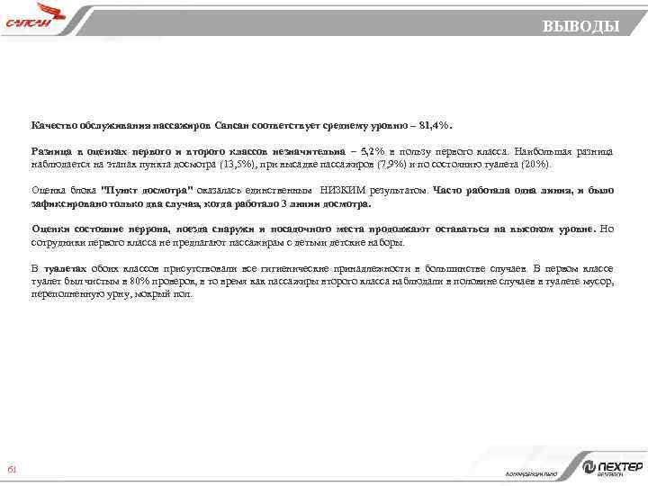 ВЫВОДЫ Качество обслуживания пассажиров Сапсан соответствует среднему уровню – 81, 4%. Разница в оценках