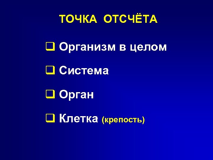 ТОЧКА ОТСЧЁТА q Организм в целом q Система q Орган q Клетка (крепость) 