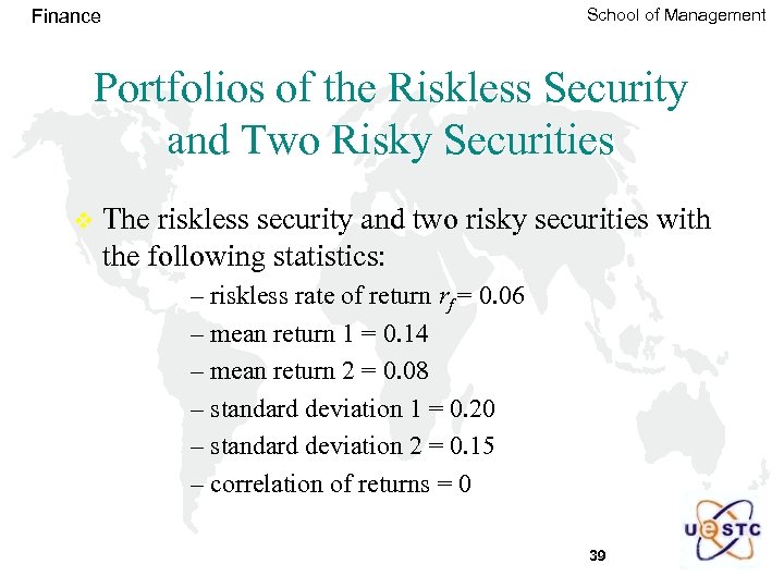 School of Management Finance Portfolios of the Riskless Security and Two Risky Securities v