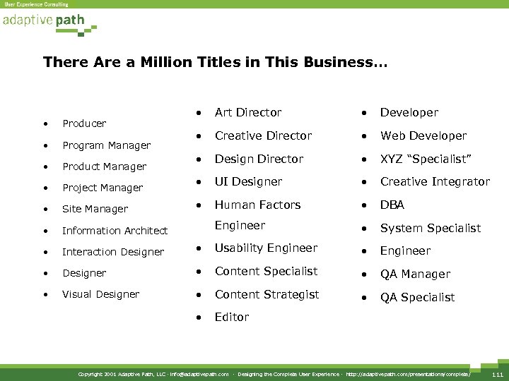 There Are a Million Titles in This Business… • Art Director • Developer •