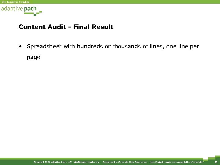 Content Audit - Final Result • Spreadsheet with hundreds or thousands of lines, one