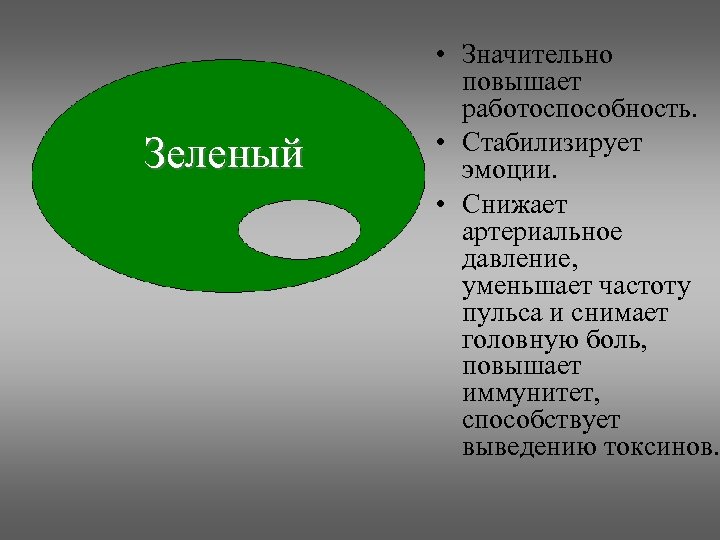 Зеленый • Значительно повышает работоспособность. • Стабилизирует эмоции. • Снижает артериальное давление, уменьшает частоту