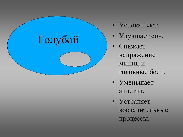 Голубой • Успокаивает. • Улучшает сон. • Снижает напряжение мышц, и головные боли. •