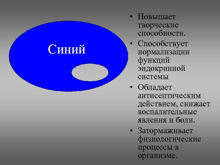 Синий • Повышает творческие способности. • Способствует нормализации функций эндокринной системы • Обладает антисептическим