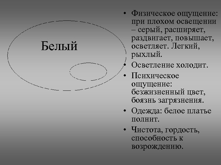 Белый • Физическое ощущение: при плохом освещении – серый, расширяет, раздвигает, повышает, осветляет. Легкий,