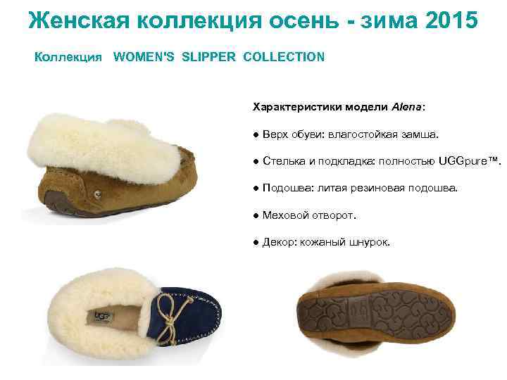 Женская коллекция осень - зима 2015 Коллекция WOMEN'S SLIPPER COLLECTION Характеристики модели Alena: ●