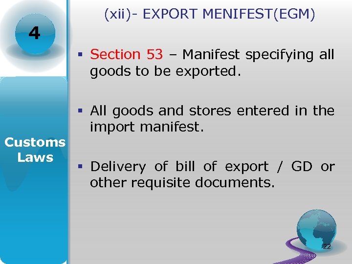 (xii)- EXPORT MENIFEST(EGM) 4 § Section 53 – Manifest specifying all goods to be