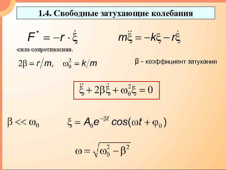 1. 4. Свободные затухающие колебания -сила сопротивления. β - коэффициент затухания 
