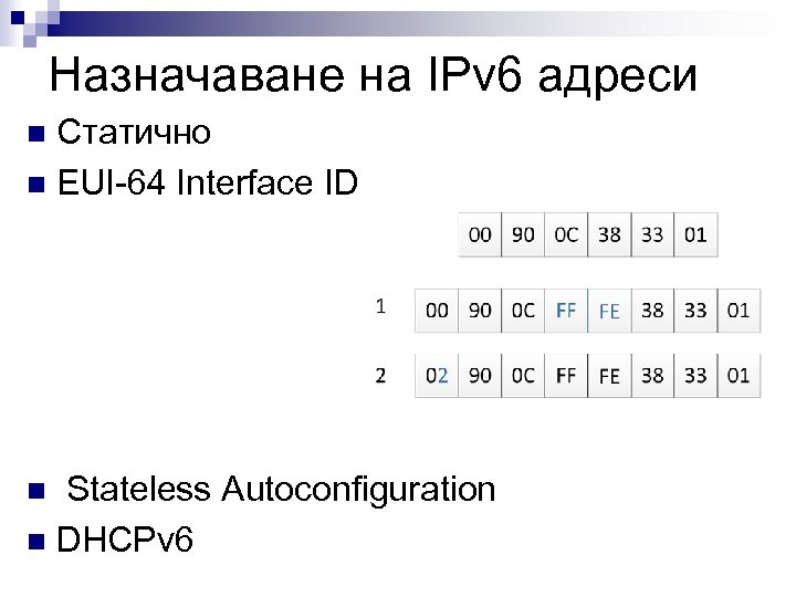 Назначаване на IPv 6 адреси Статично n EUI-64 Interface ID n Stateless Autoconfiguration n