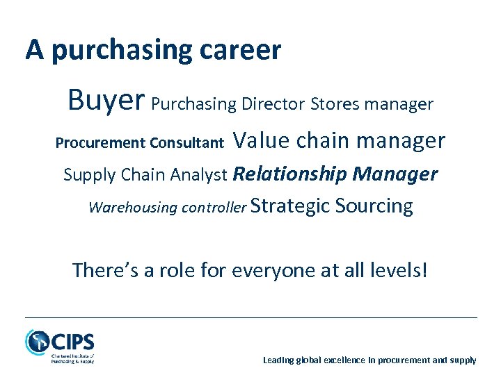A purchasing career Buyer Purchasing Director Stores manager Procurement Consultant Value chain manager Supply