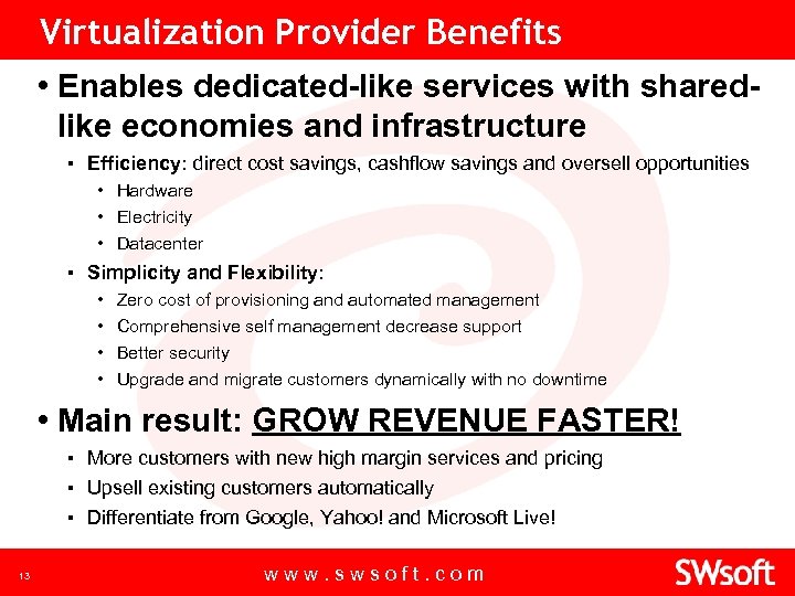 Virtualization Provider Benefits • Enables dedicated-like services with sharedlike economies and infrastructure ▪ Efficiency: