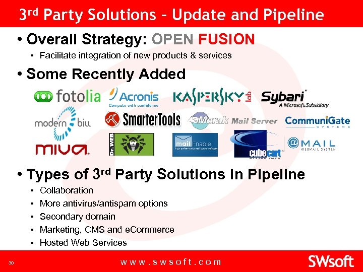 3 rd Party Solutions – Update and Pipeline • Overall Strategy: OPEN FUSION ▪