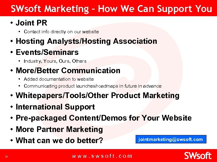 SWsoft Marketing – How We Can Support You • Joint PR ▪ Contact info