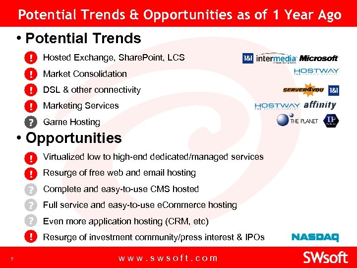Potential Trends & Opportunities as of 1 Year Ago • Potential Trends ▪ Hosted