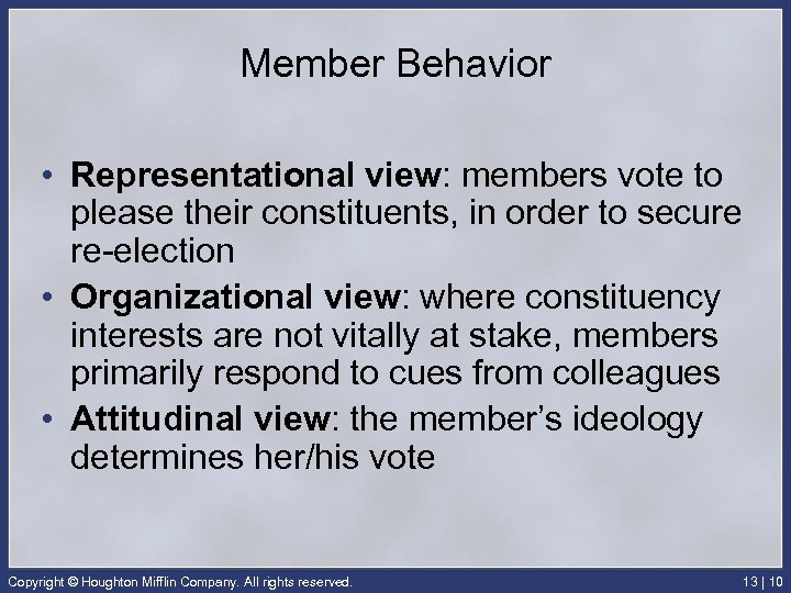 Member Behavior • Representational view: members vote to please their constituents, in order to