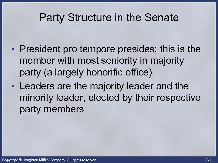 Party Structure in the Senate • President pro tempore presides; this is the member
