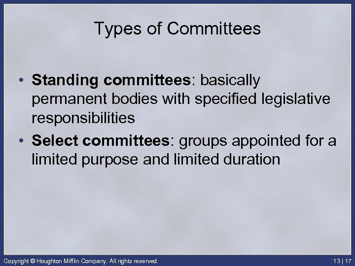 Types of Committees • Standing committees: basically permanent bodies with specified legislative responsibilities •