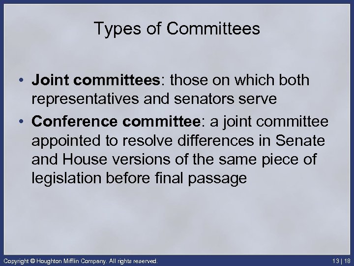 Types of Committees • Joint committees: those on which both representatives and senators serve