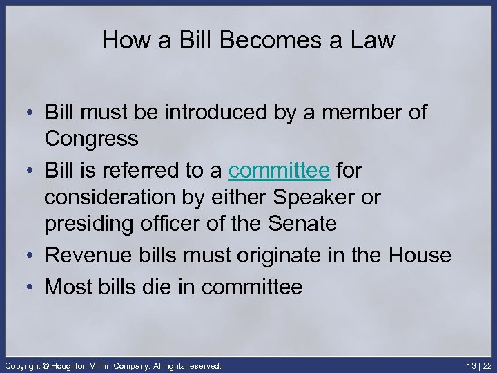 How a Bill Becomes a Law • Bill must be introduced by a member