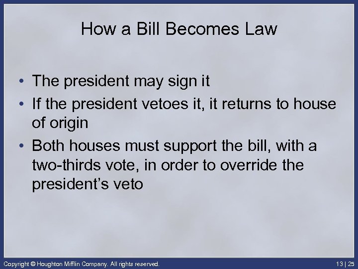 How a Bill Becomes Law • The president may sign it • If the