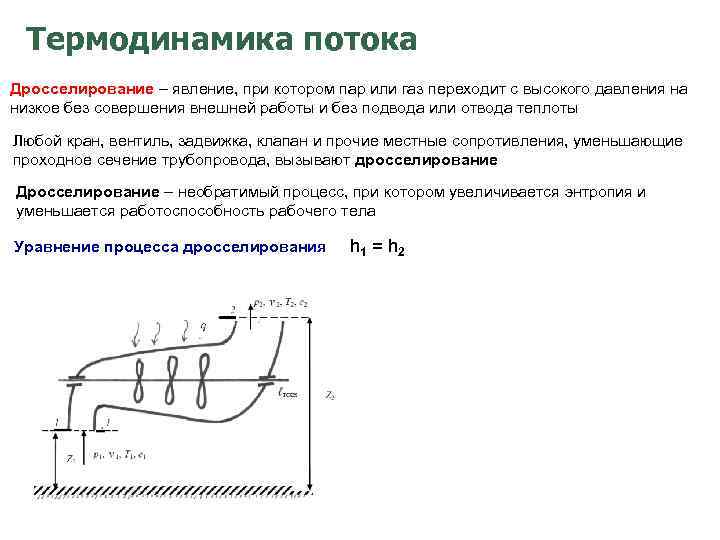 Термодинамика потока Дросселирование – явление, при котором пар или газ переходит с высокого давления