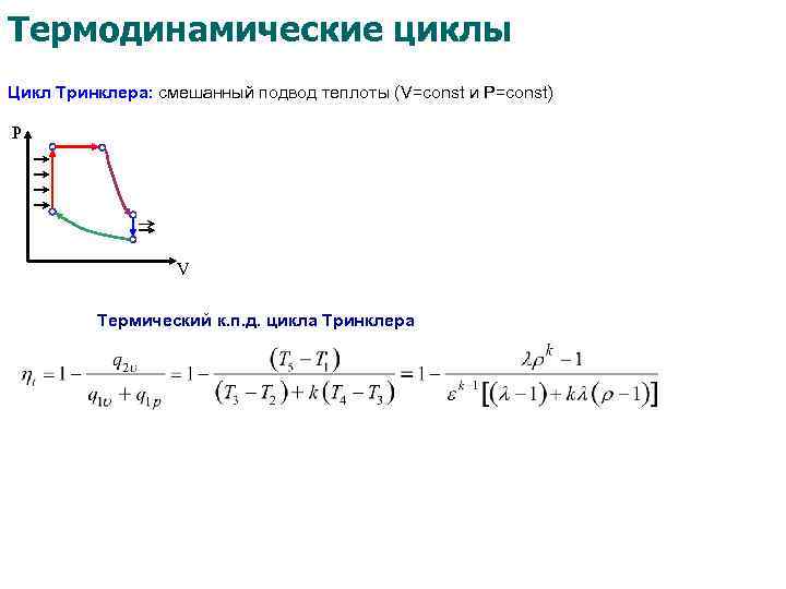 Термодинамические циклы Цикл Тринклера: смешанный подвод теплоты (V=const и P=const) P V Термический к.