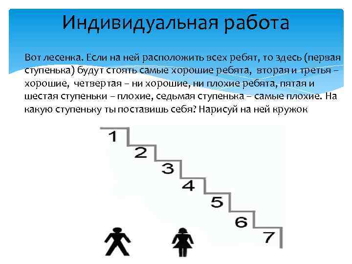Индивидуальная работа Вот лесенка. Если на ней расположить всех ребят, то здесь (первая ступенька)