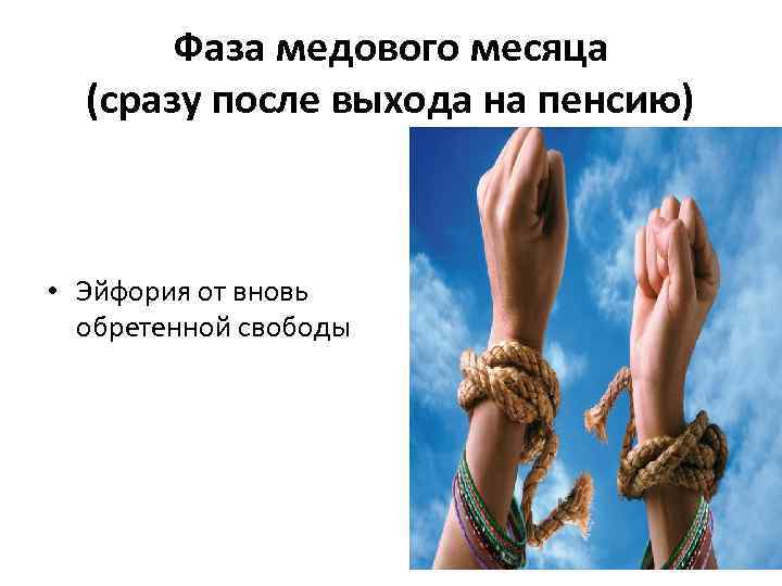 Фаза медового месяца (сразу после выхода на пенсию) • Эйфория от вновь обретенной свободы