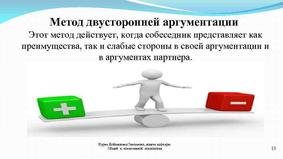 Метод двусторонней аргументации Этот метод действует, когда собеседник представляет как преимущества, так и слабые